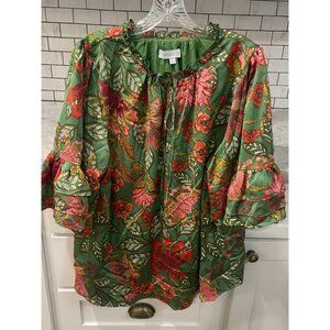 Sugarlips Tunic Blouse Womens 2X Green Floral Ruffle Bell Sleeve Lined Boho